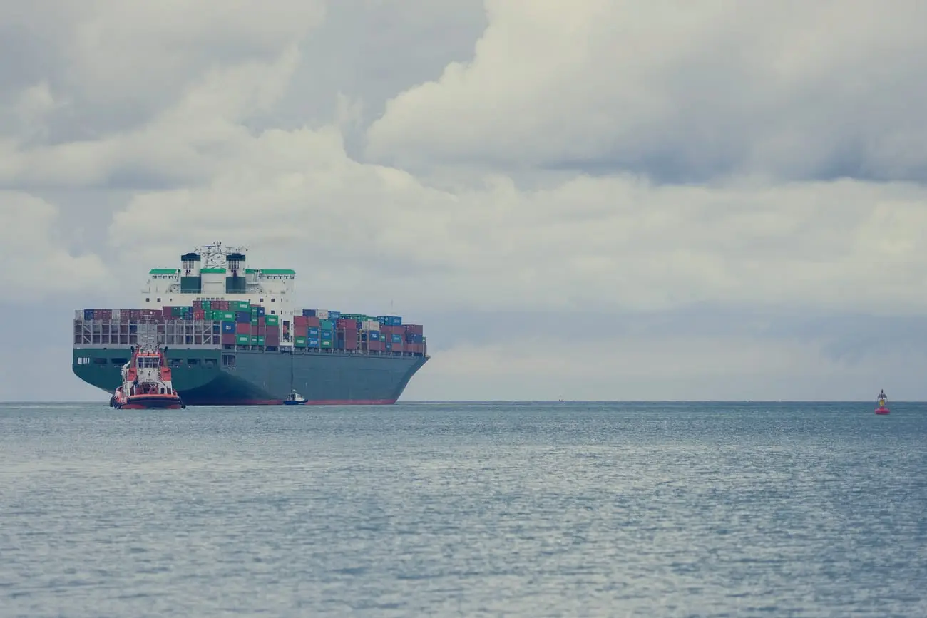 A container ship under way at sea