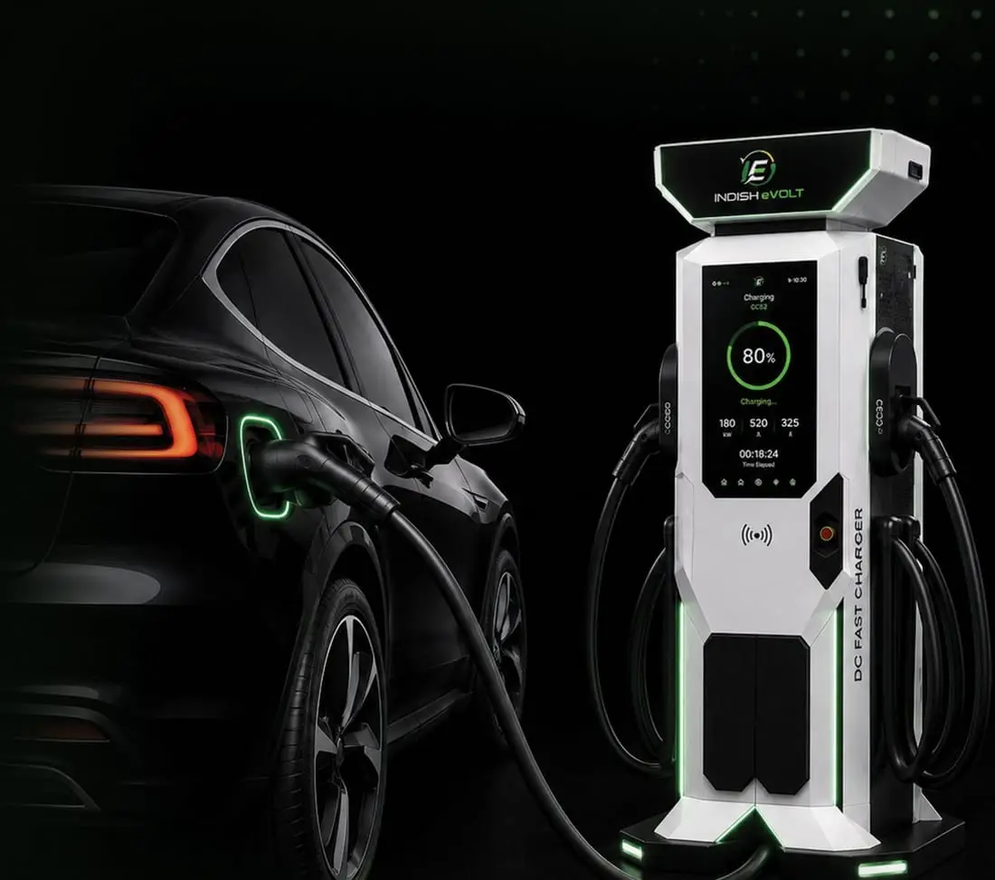 An electric car connected to an Indish eVolt DC fast charger