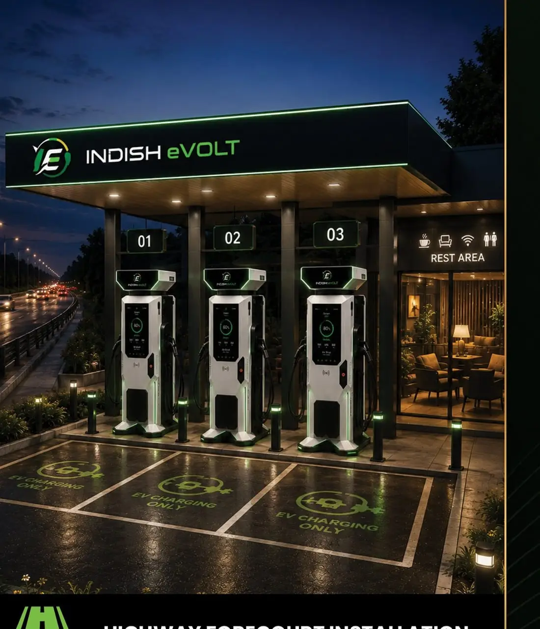 Indish eVolt highway plaza station with three charging bays and an adjacent rest area