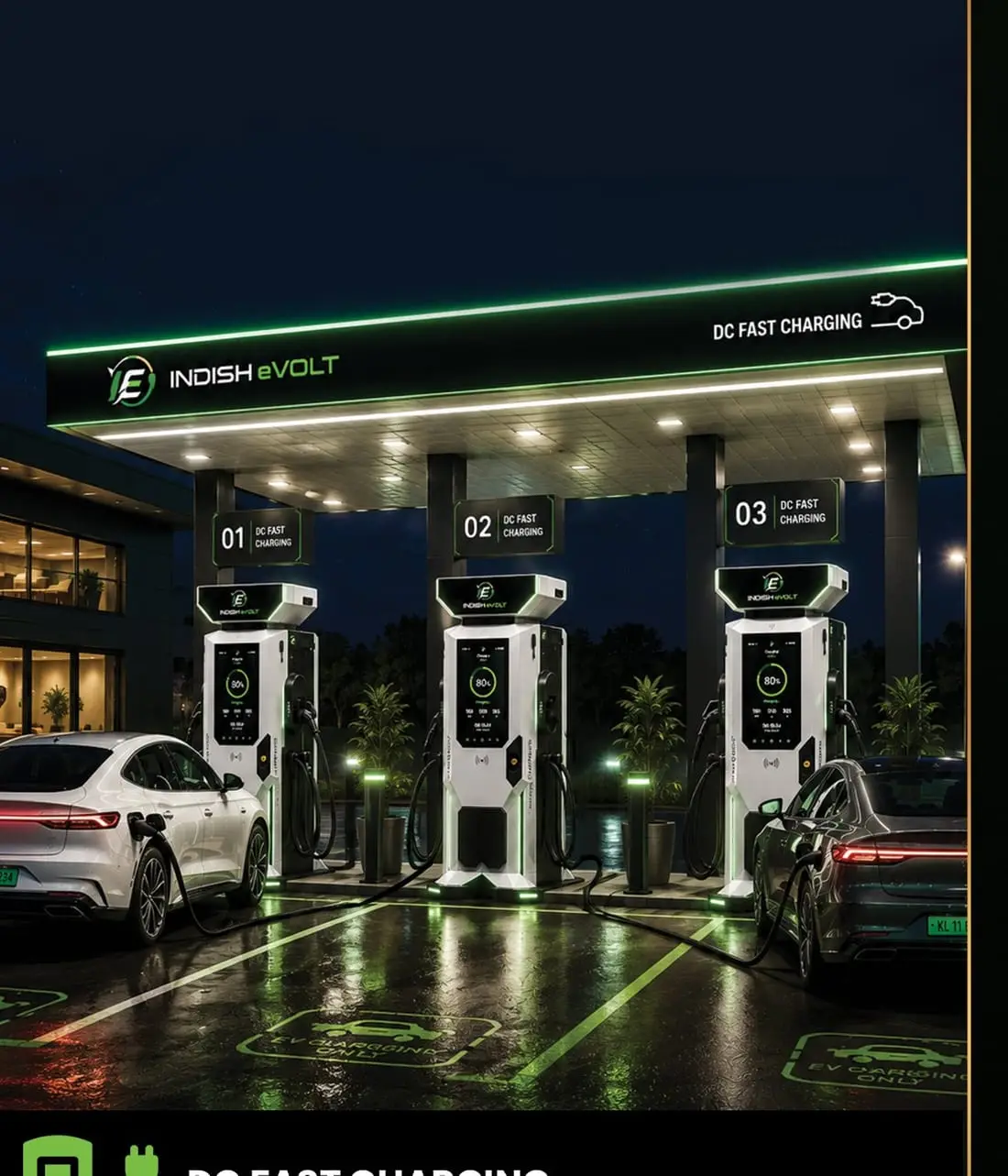 Indish eVolt city forecourt station with three DC fast chargers under a branded canopy
